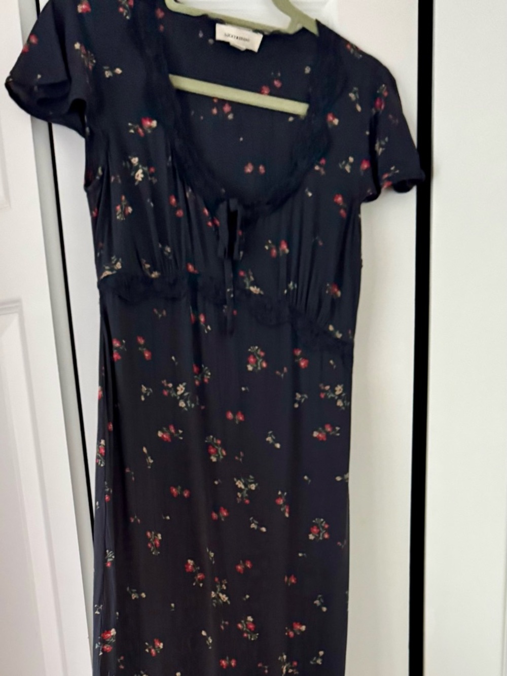 Lucky Brand Navy Floral Lace-Trim dress with Red Accents.